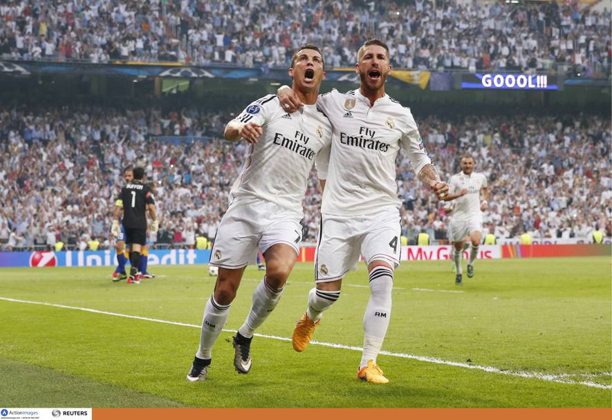 L&#39;esultanza di Ronaldo e Sergio Ramos. Reuters